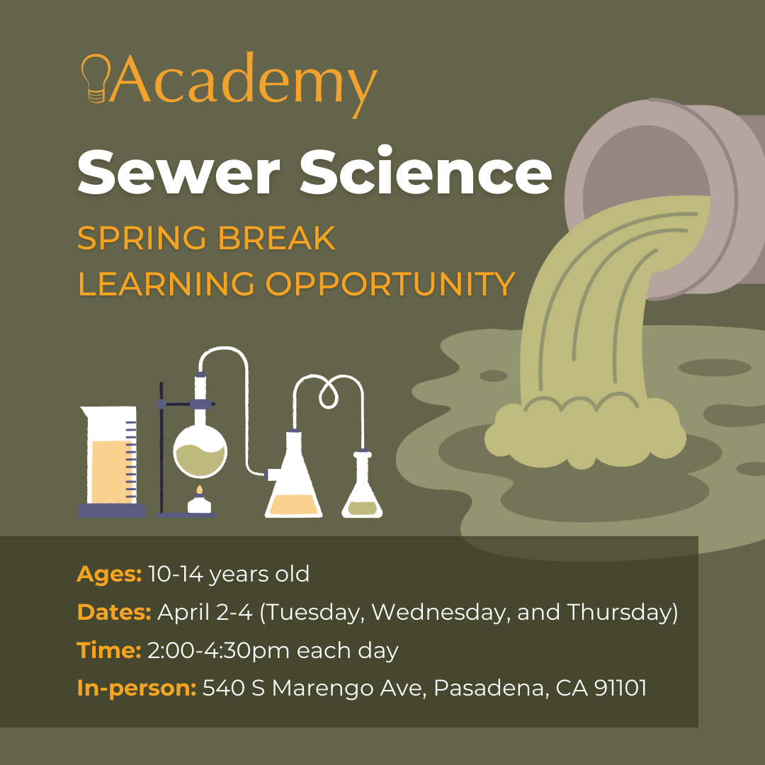 Sewer Science Informational Graphic with illustrations of murky green liquid flowing from a sewage pipe and chemistry lab beakers and pipes.